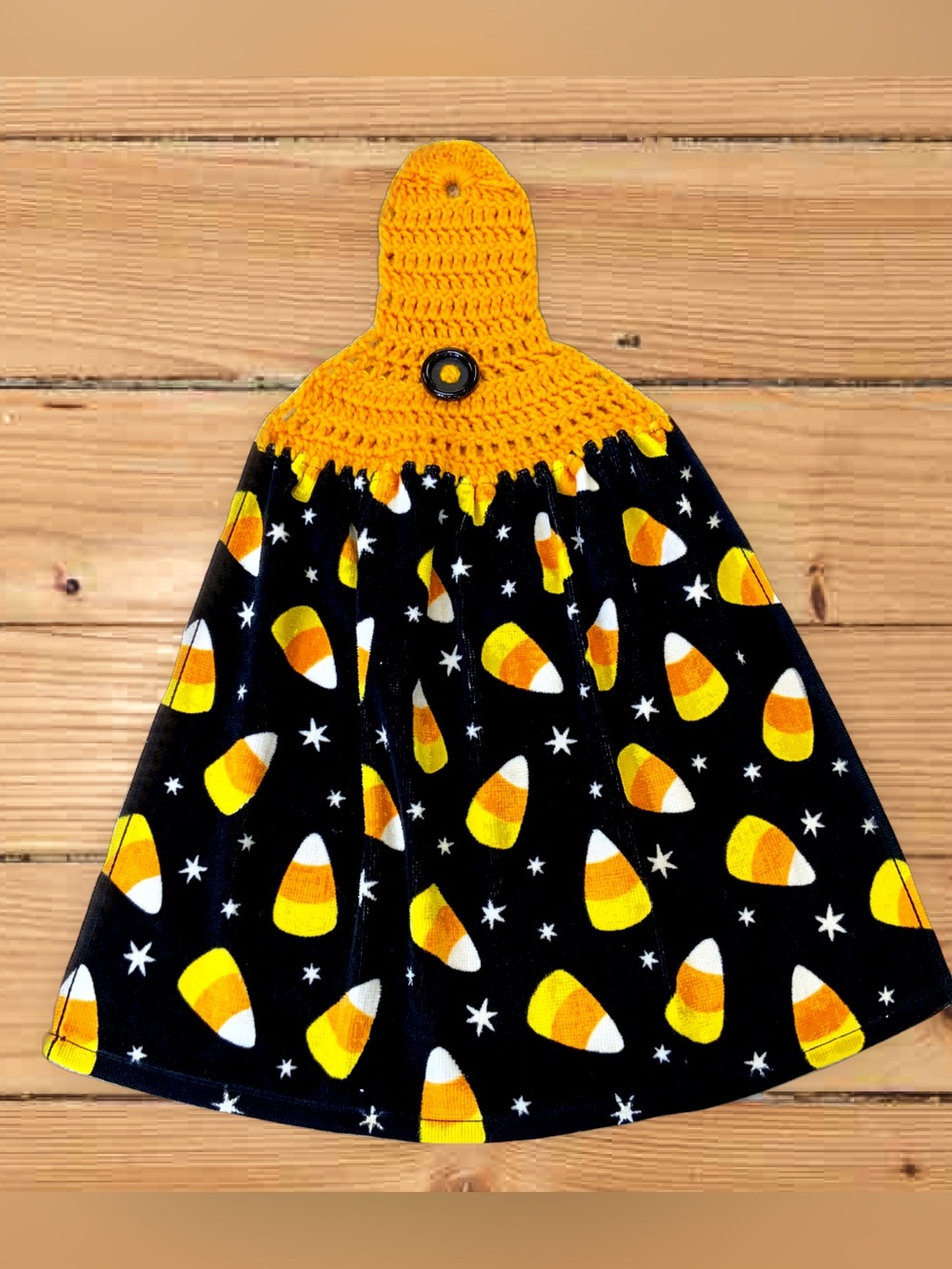 Crocheted Top Candy Corn Hanging Kitchen Towel - Yellow/Black